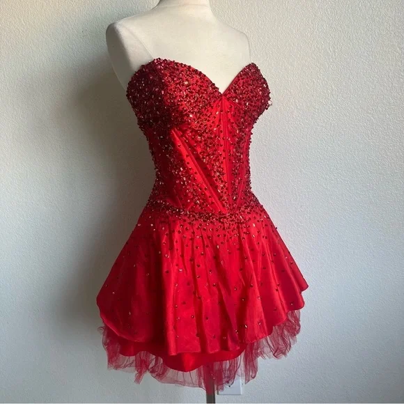 NWT MayQueen Couture USA MQ578 Red Strapless Sparkly Mini Prom Dress - Size 16 - Picture 15 of 15